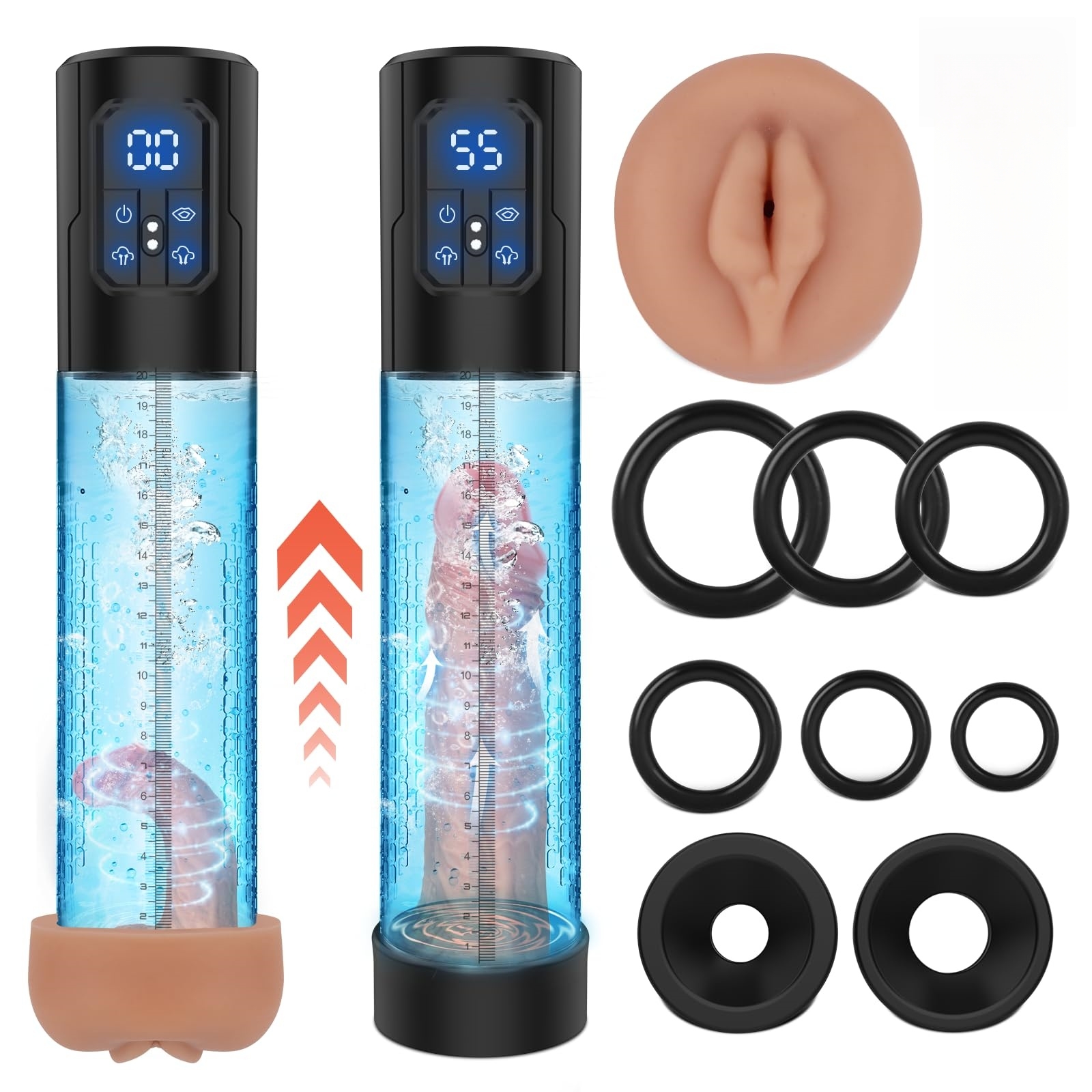 Electric Penis Pump for Male Enhancement - Dual Function Pump & Enlarger with 4 Training Modes, 3 Suction Intensities, Waterproof Design, Pressure Monitor Screen, and 6 Ring Set - Adult Sex Toy