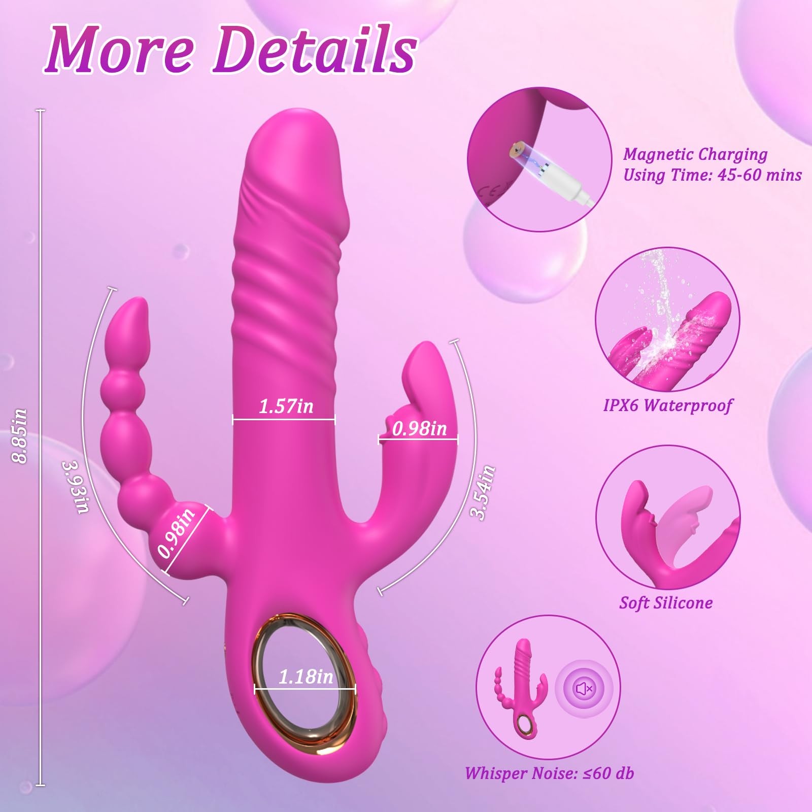 3-in-1 G-Spot & Rabbit Thrusting Vibrator for Women - Powerful Dildo with 7 Pulsation and Vibration Modes - Body-Safe Silicone, IPX7 Waterproof & Magnetic Rechargeable Adult Toy