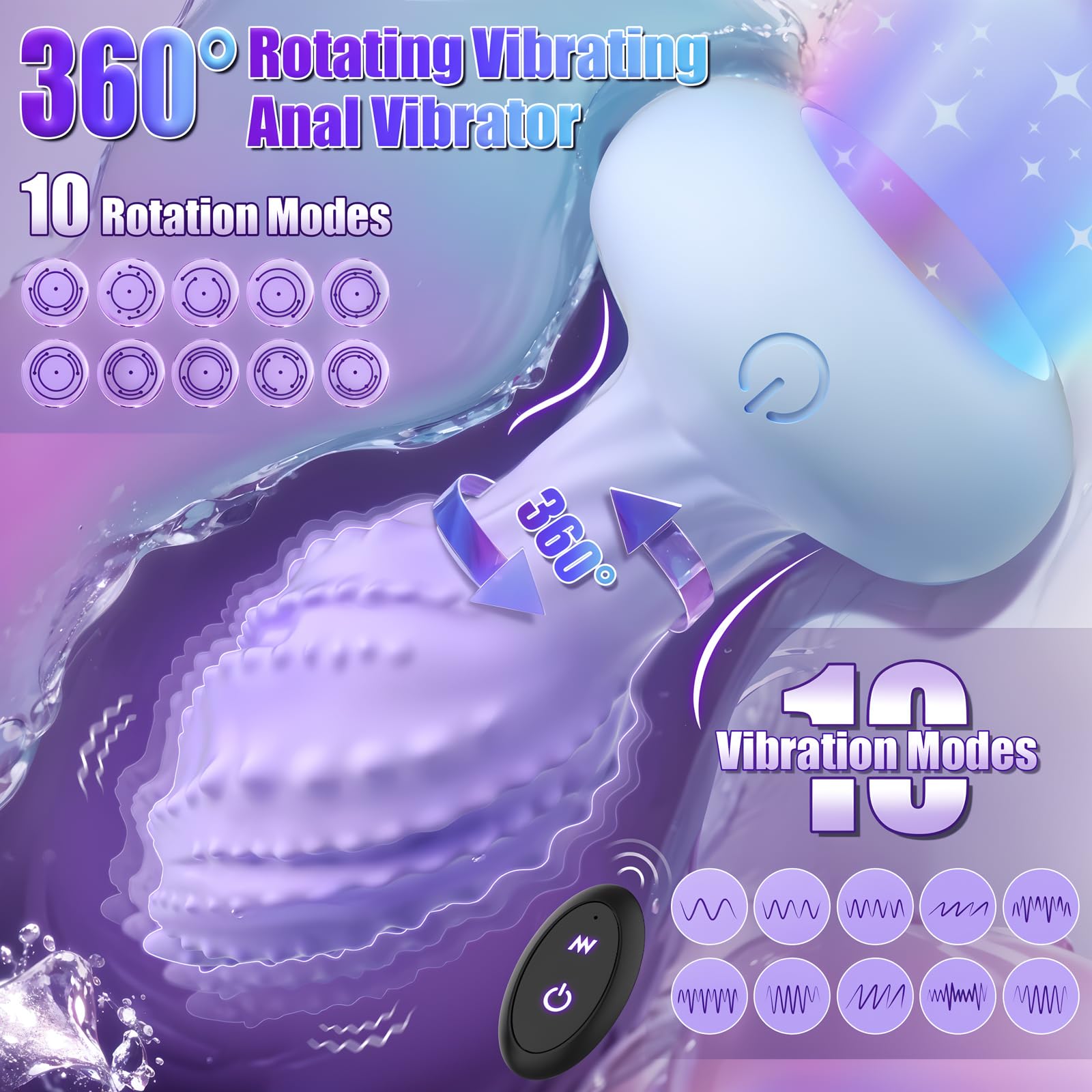 360° Rotating Vibrating Anal Plug for Women – Remote Control, 10 Vibration Modes, Illuminated Fantasy Texture – Ultimate Sensational Anal Experience