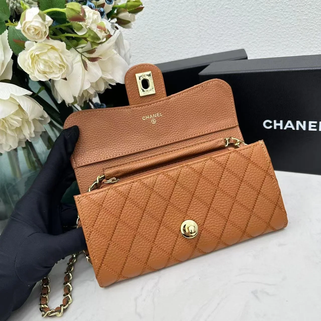 Chanel chain crossbody bag diamond and litchi cowhide Brown 50098 size: 19*10*3.5cm - LITELUX
