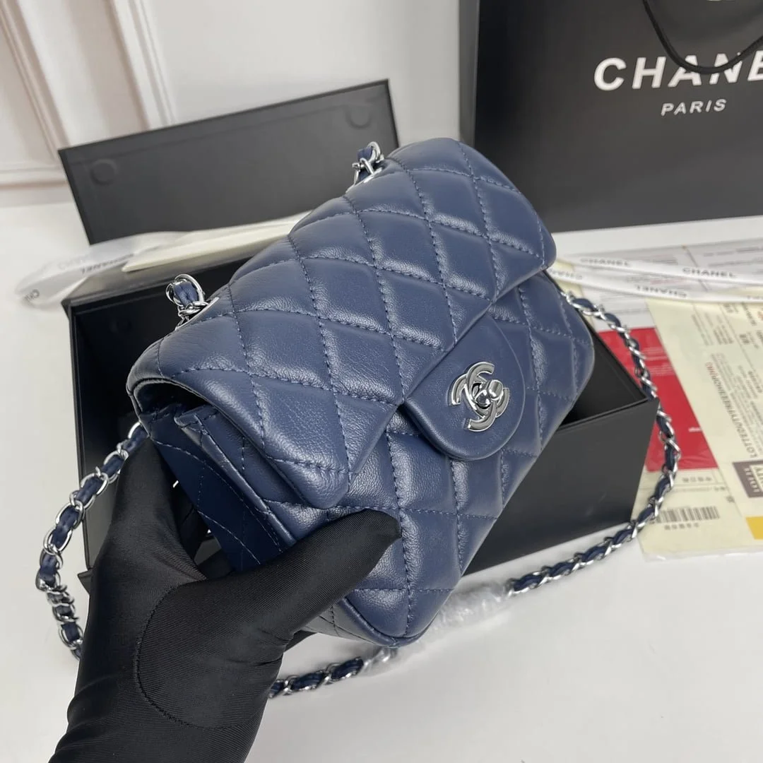 Chanel cf Square Fat 1115 sheepskin leather blue size: 18*14*7cm - LITELUX