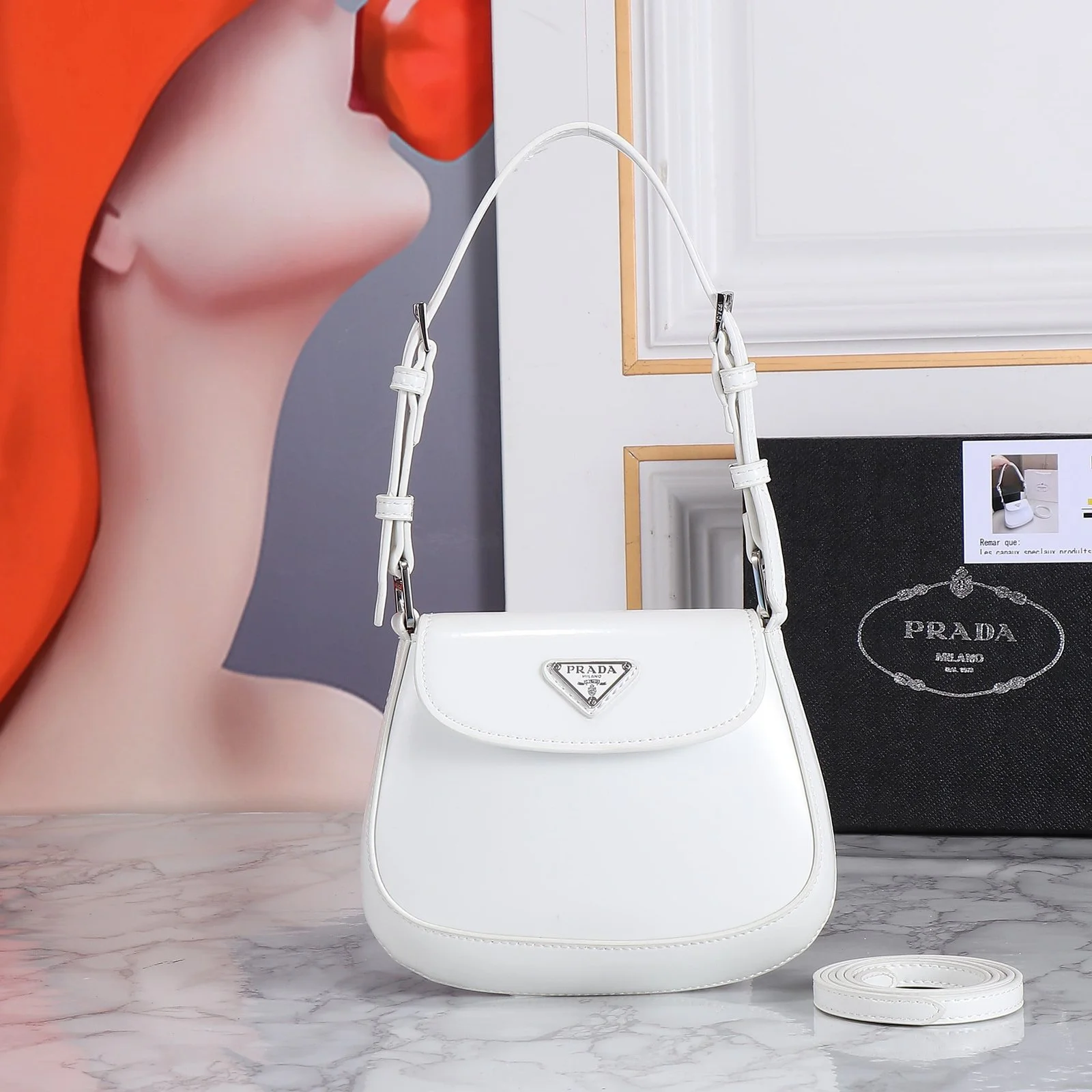 Prada hobo cleo Patent leather 611 white size:22*13cm - LITELUX