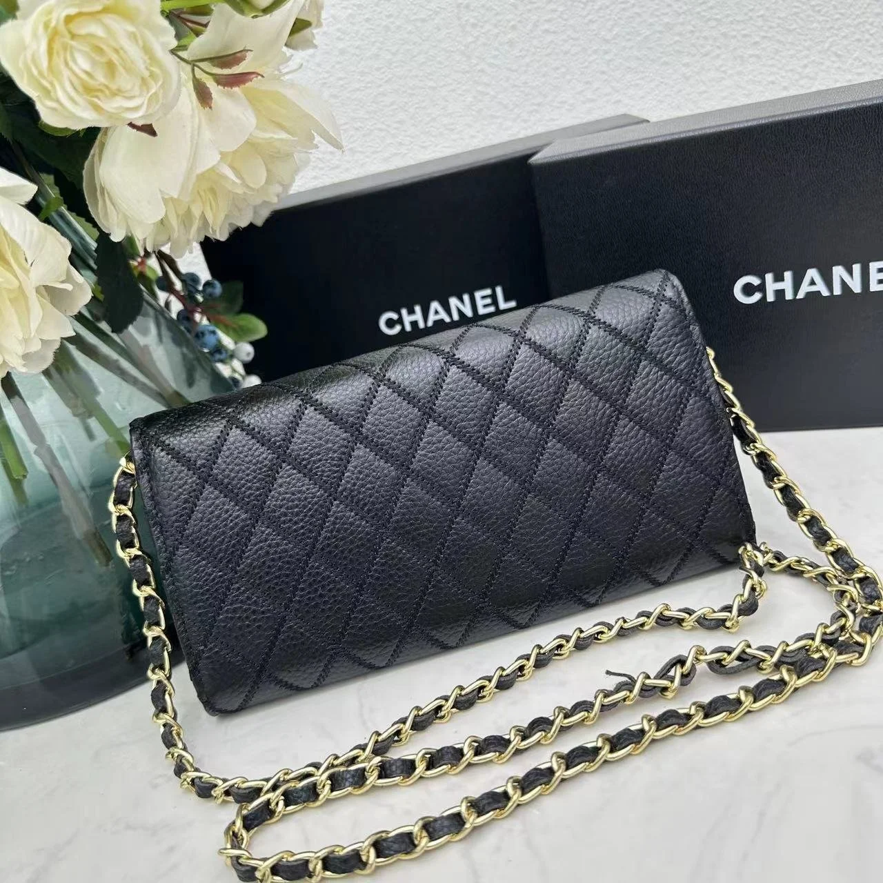 Chanel chain crossbody bag diamond and litchi cowhide Black 50098 size: 19*10*3.5cm - LITELUX