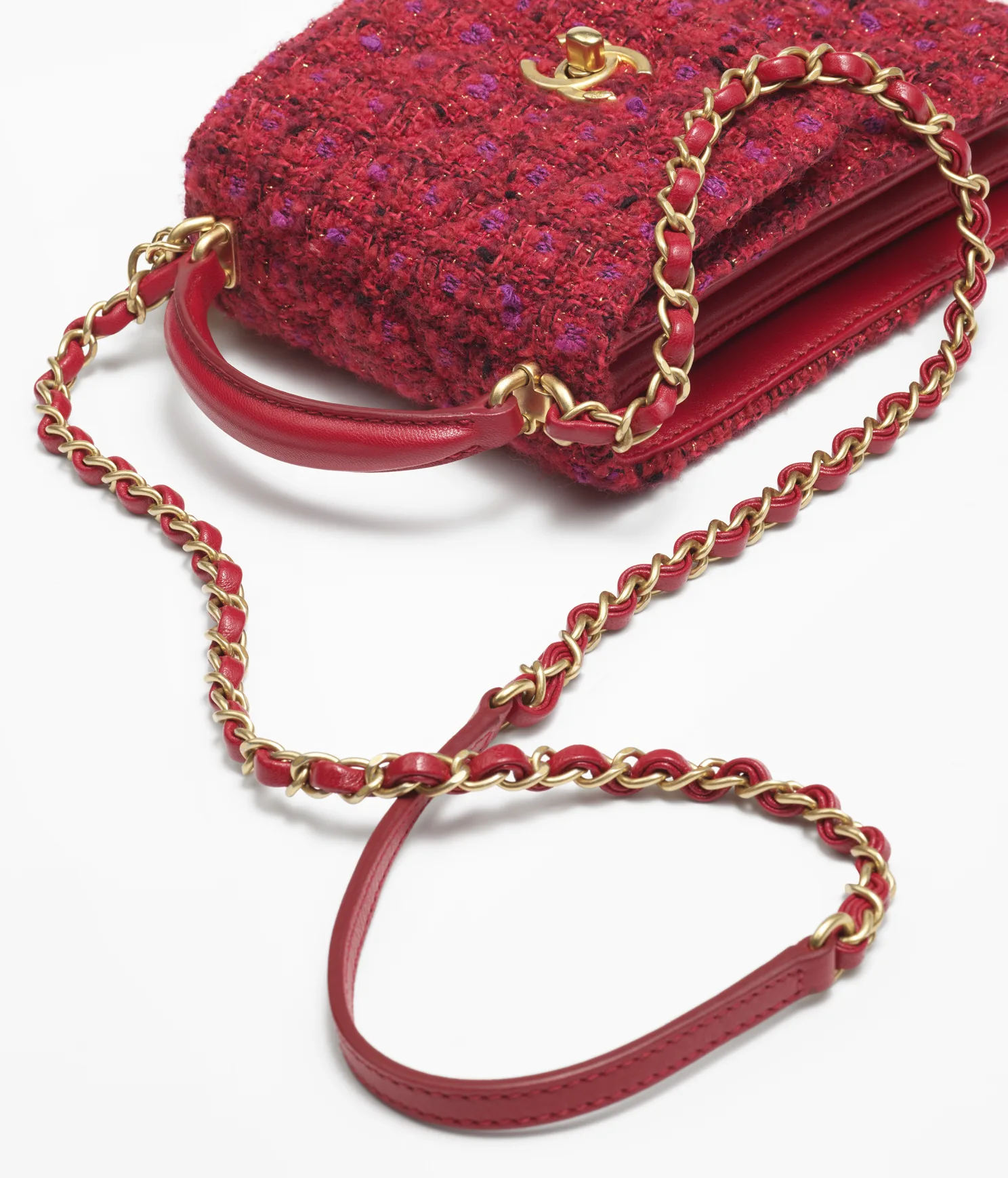 CHANEL / MINI FLAP BAG WITH TOP HANDLE Wool Tweed, Lambski & Gold-Tone Metal Red, Purple & Black Ref.  AS4285 B13746 N7491 - LITELUX