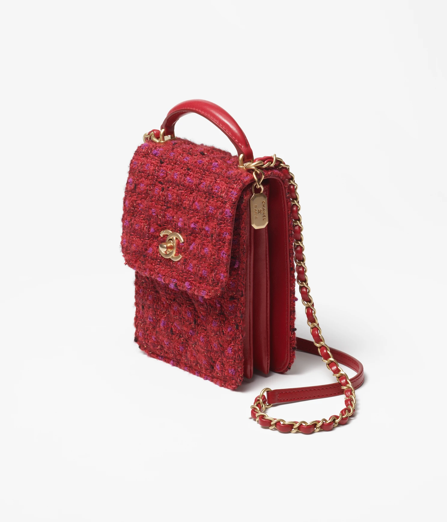 CHANEL / MINI FLAP BAG WITH TOP HANDLE Wool Tweed, Lambski & Gold-Tone Metal Red, Purple & Black Ref.  AS4285 B13746 N7491 - LITELUX