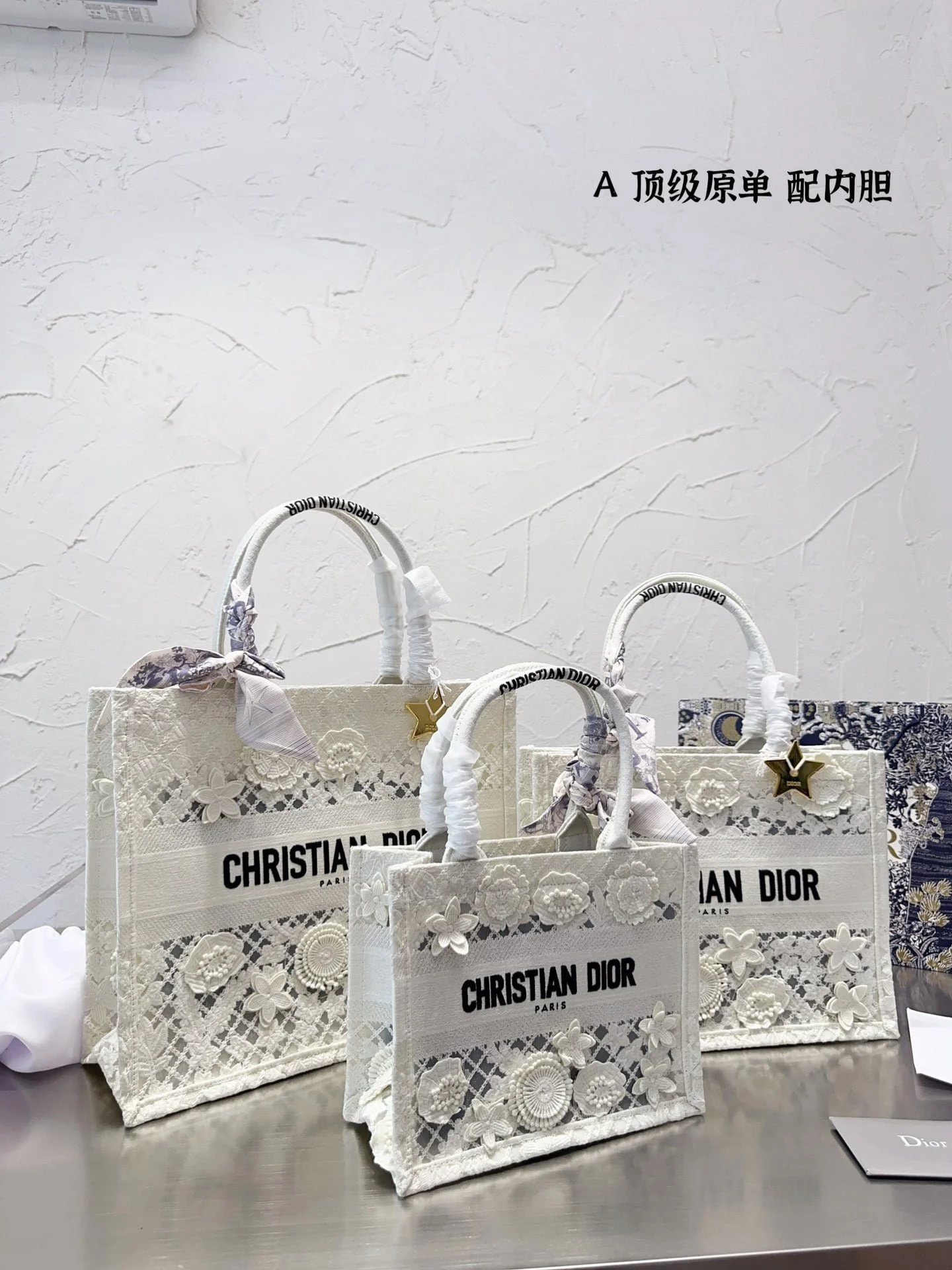 Dior 3D follower Embossed original cloth book tote bag white size: 42cm /36cm /26cm - LITELUX
