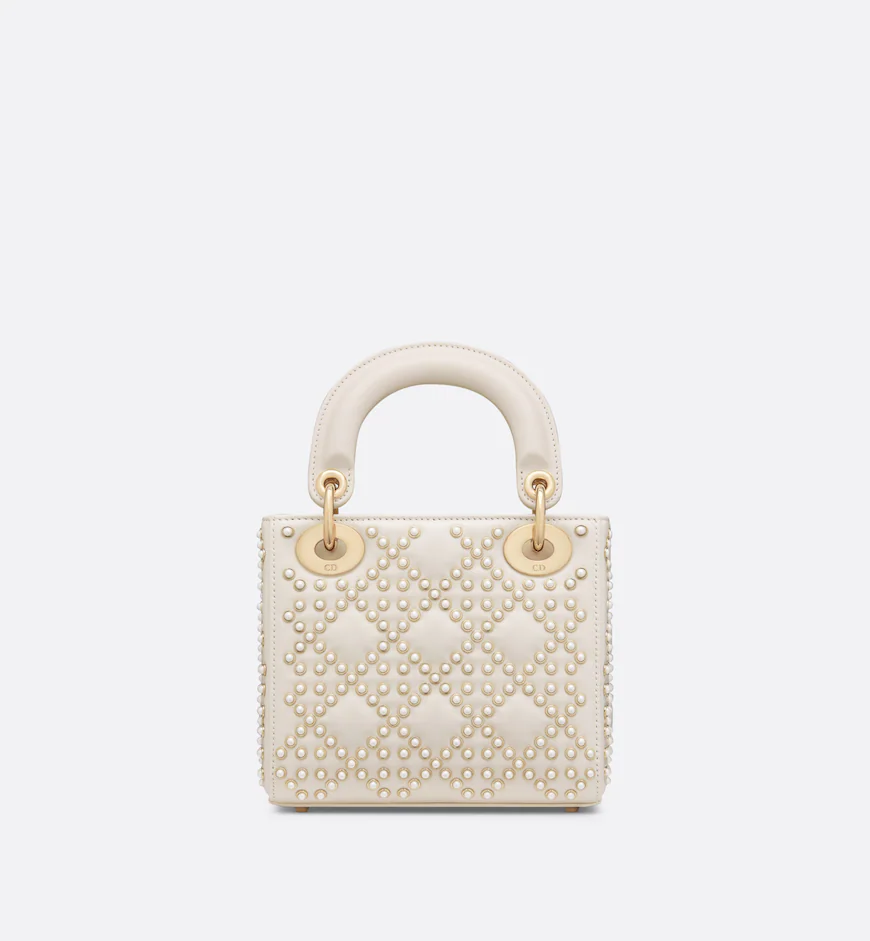 DIOR / MINI LADY DIOR BAG Latte Crinkle-Effect Lambskin with White Resin Half-Pearl Cannage Motif M0505OWFX_M941 - LITELUX