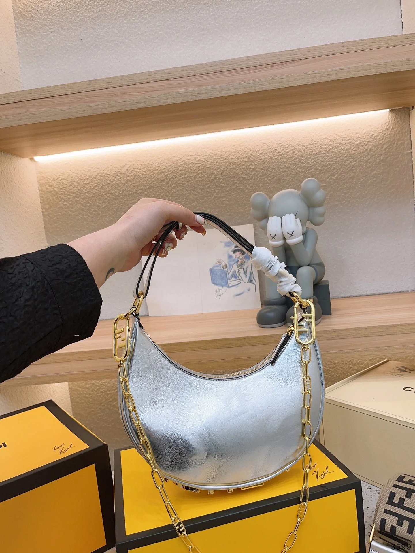 FENDI Patent leather half moon bag Sliver and gold with chain strap Size: 34*16cm - LITELUX