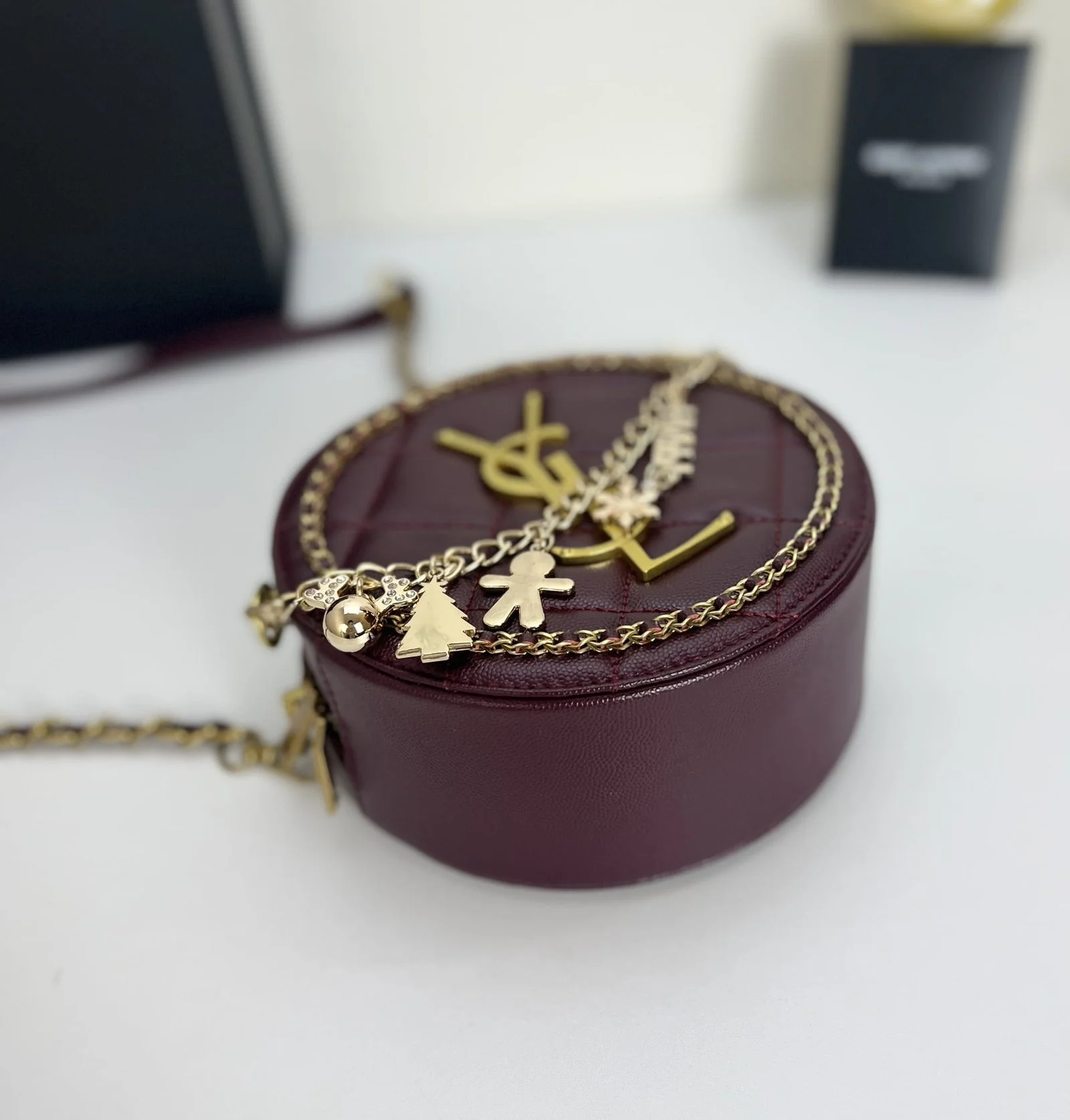 YSL round bun bag with chain strap Wine red size: 17cm - LITELUX