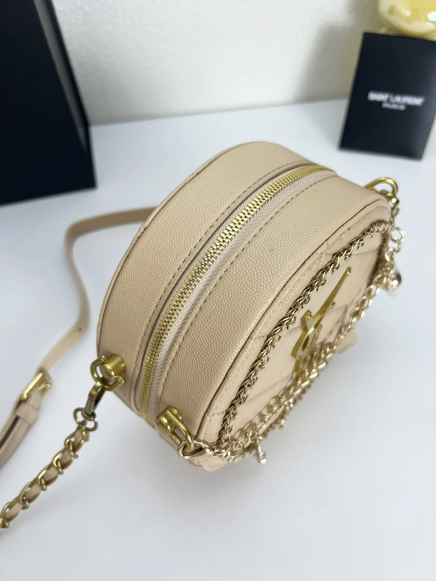 YSL round bun bag with chain strap apricot size: 17cm - LITELUX