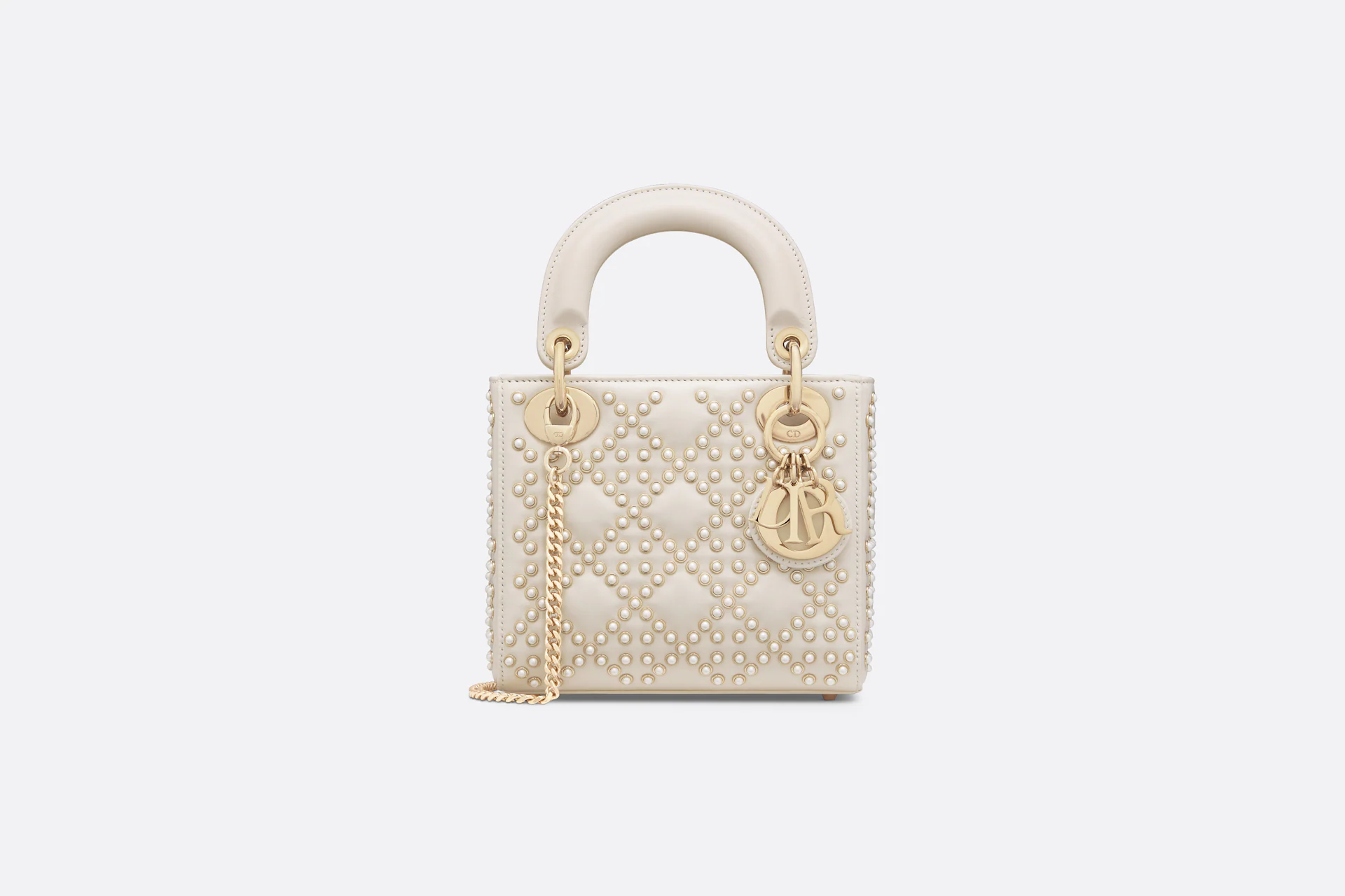 DIOR / MINI LADY DIOR BAG Latte Crinkle-Effect Lambskin with White Resin Half-Pearl Cannage Motif M0505OWFX_M941 - LITELUX
