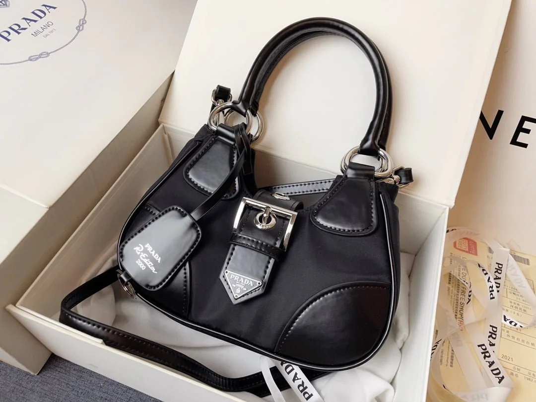 Prada Nylon and leather splice Underarm bag black 1BA381 size: 22.5cm - LITELUX