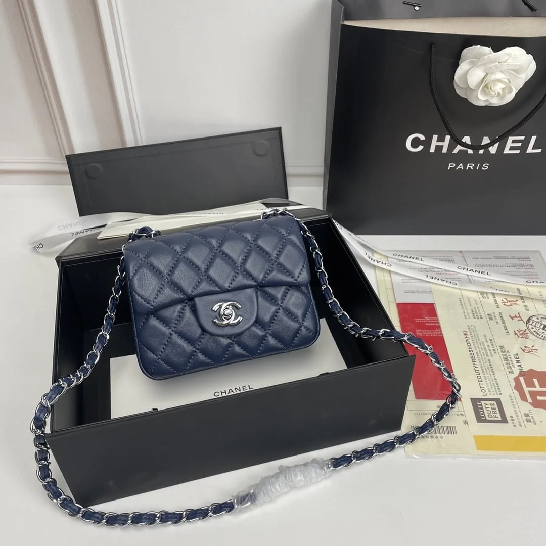 Chanel cf Square Fat 1115 sheepskin leather blue size: 18*14*7cm - LITELUX
