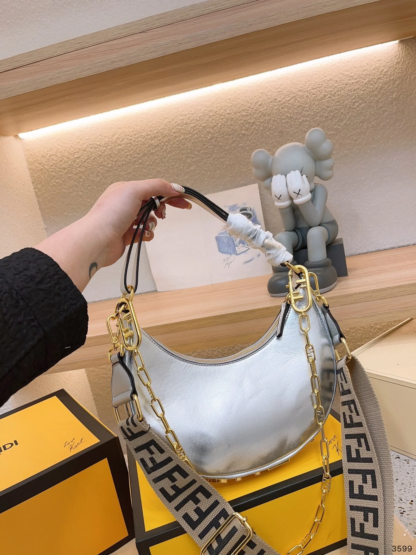 FENDI Patent leather half moon bag Sliver and gold with chain strap Size: 34*16cm - LITELUX