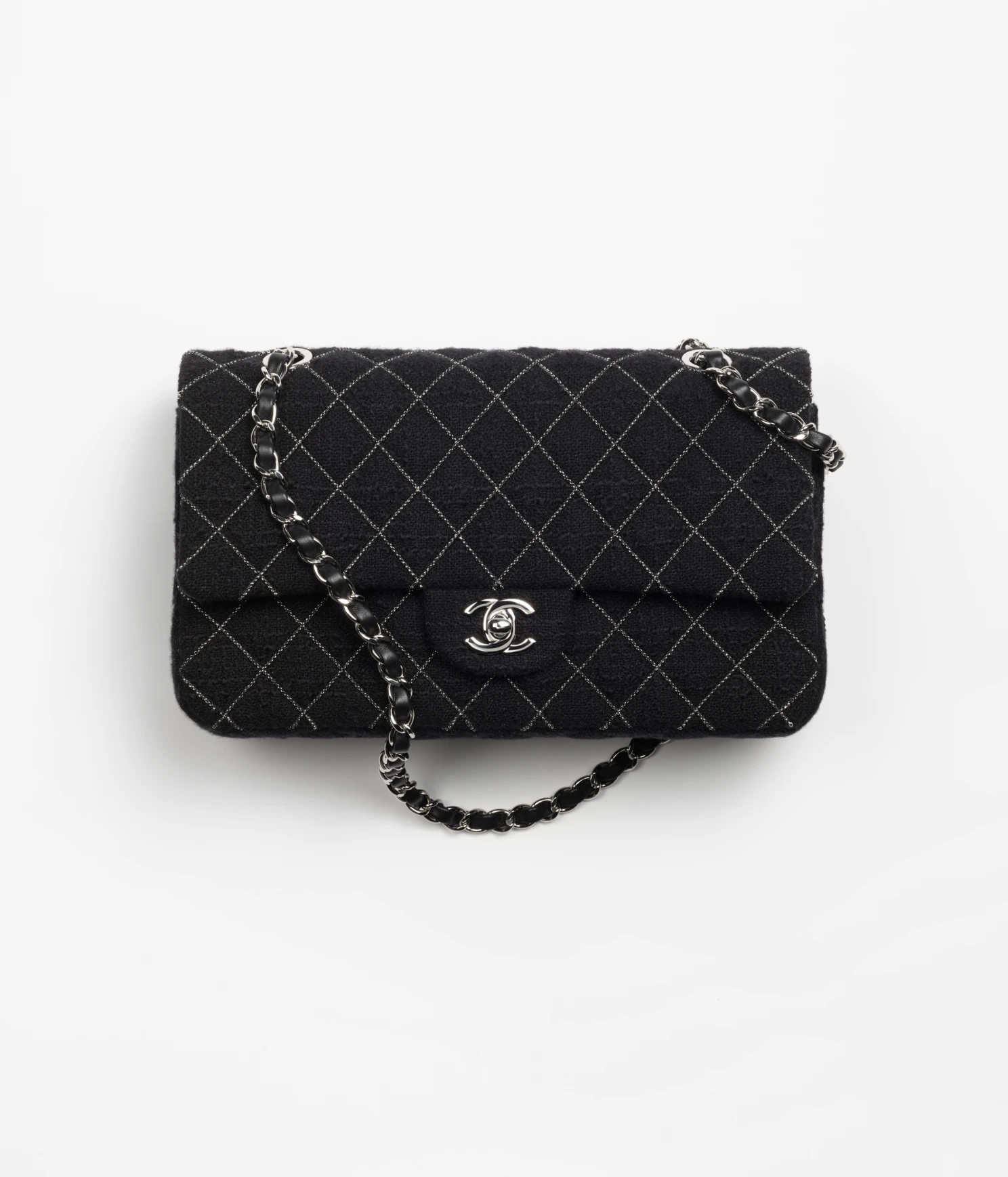 CHANEL / CLASSIC HANDBAG Wool Tweed & Silver-Tone Metal Black - LITELUX