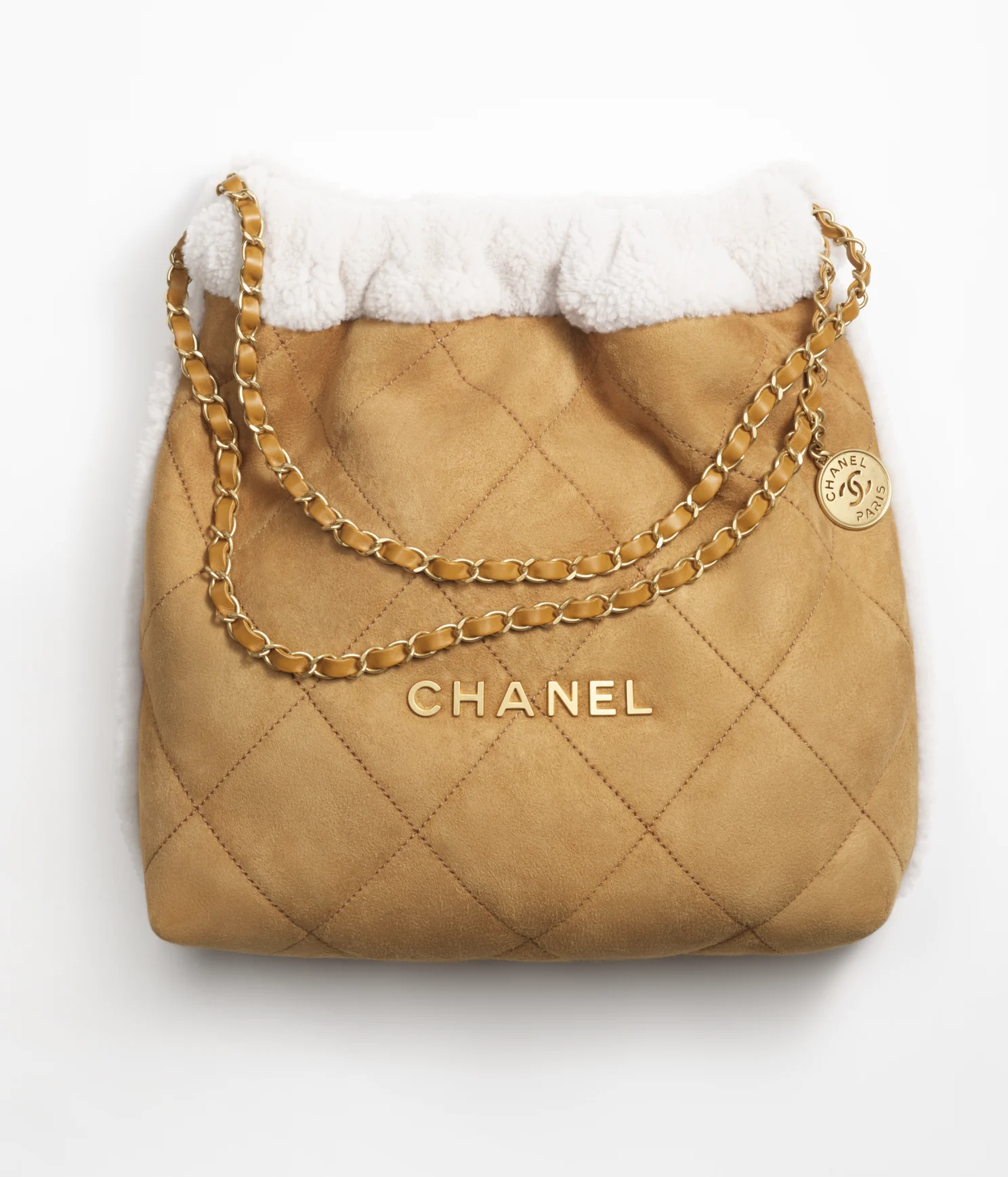 CHANEL / CHANEL 22 HANDBAG Shearling Suede Lambskin & Gold-Tone Metal Beige & White - LITELUX