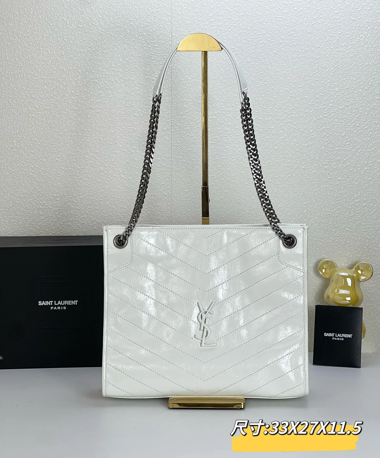 YSL NIKI Wrinkled retro oil wax skin Shoulder and backbody tote bag white 577999 size: 33*27*11.5 cm - LITELUX