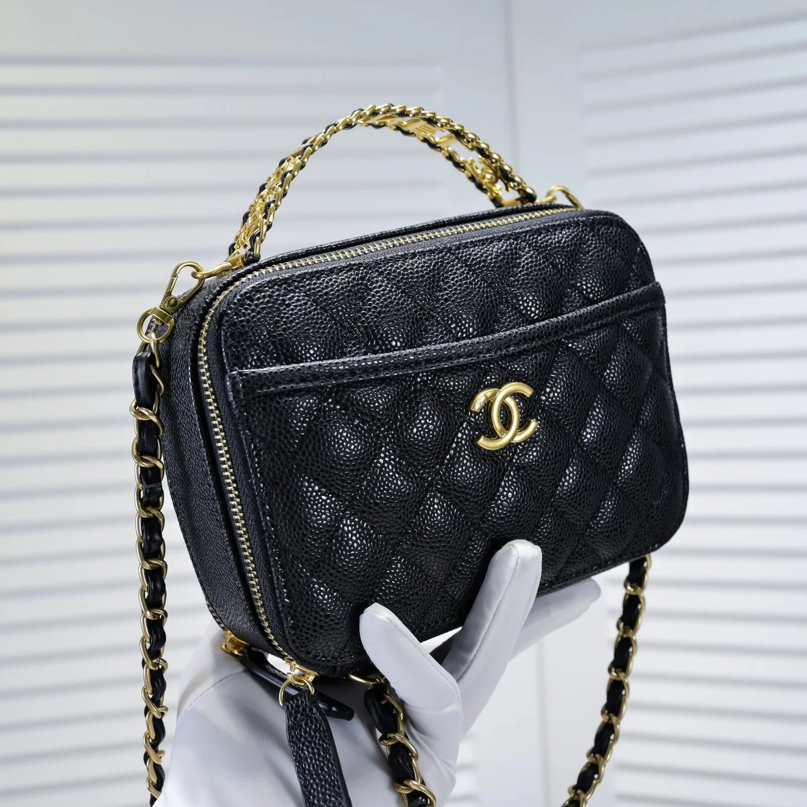 Chanel Caviar alphabet Camera chain crossbody black handle bag - LITELUX