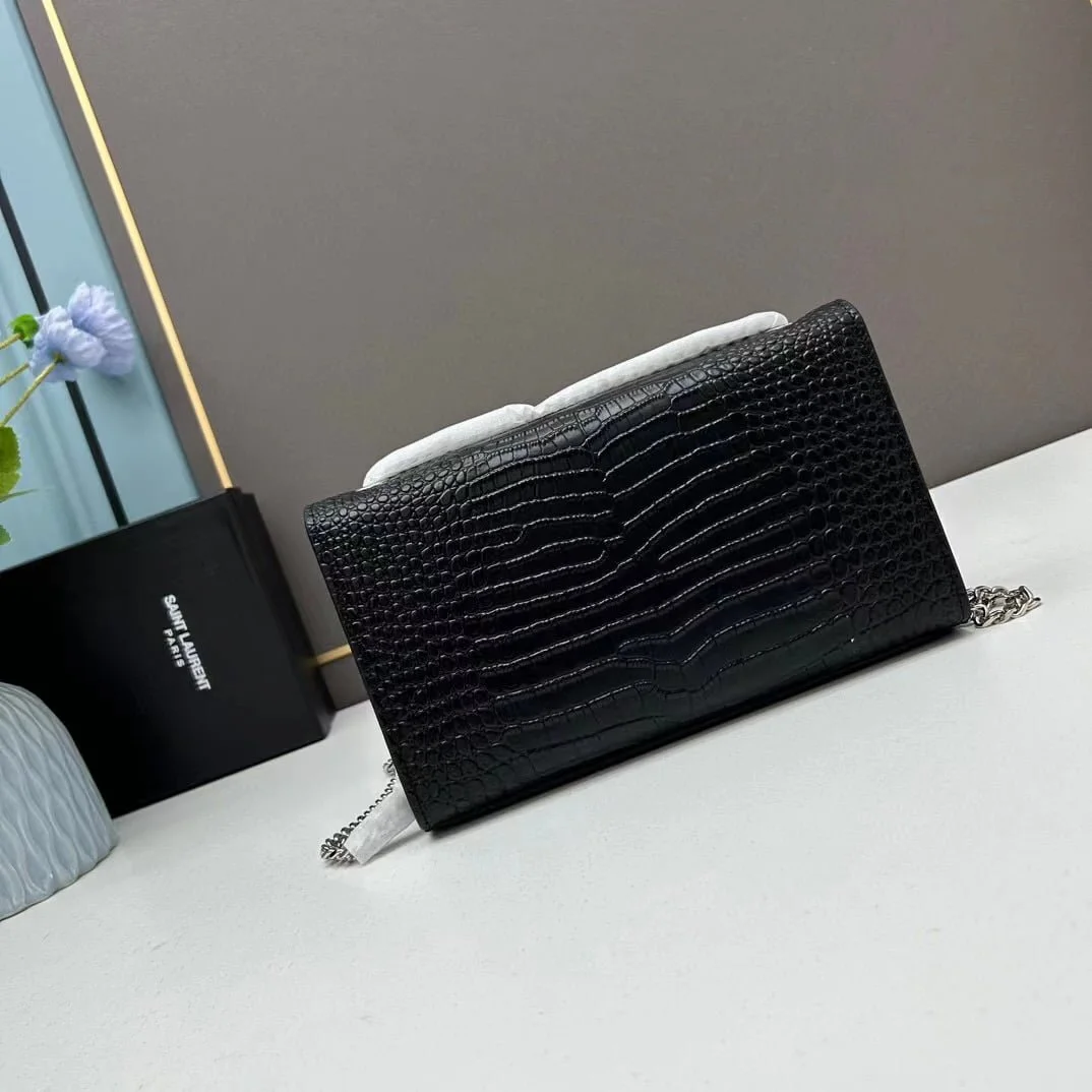 YSL Kat crocodile chain strap shoulder bag with sliver hardware 7219 black size: 20*14*5cm/24*15*6cm - LITELUX