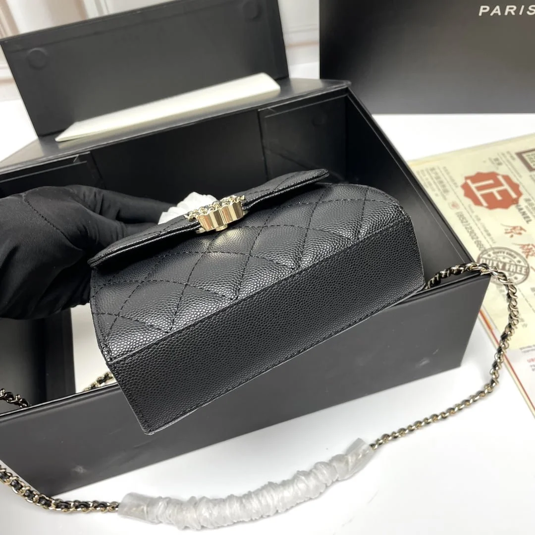 Chanel Black Horse Kelly Lichee cowhide long handle bag 9100 black size:19*10*4.5cm - LITELUX