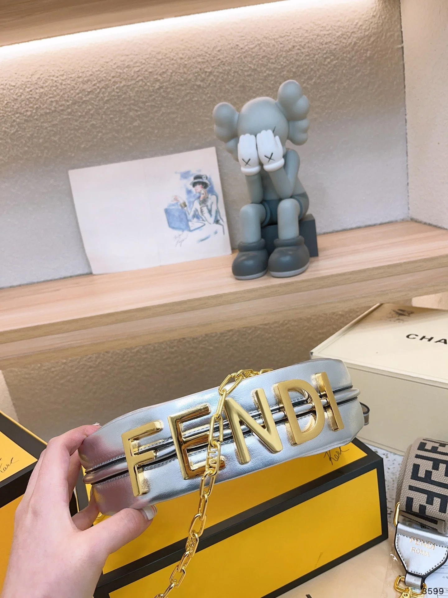 FENDI Patent leather half moon bag Sliver and gold with chain strap Size: 34*16cm - LITELUX