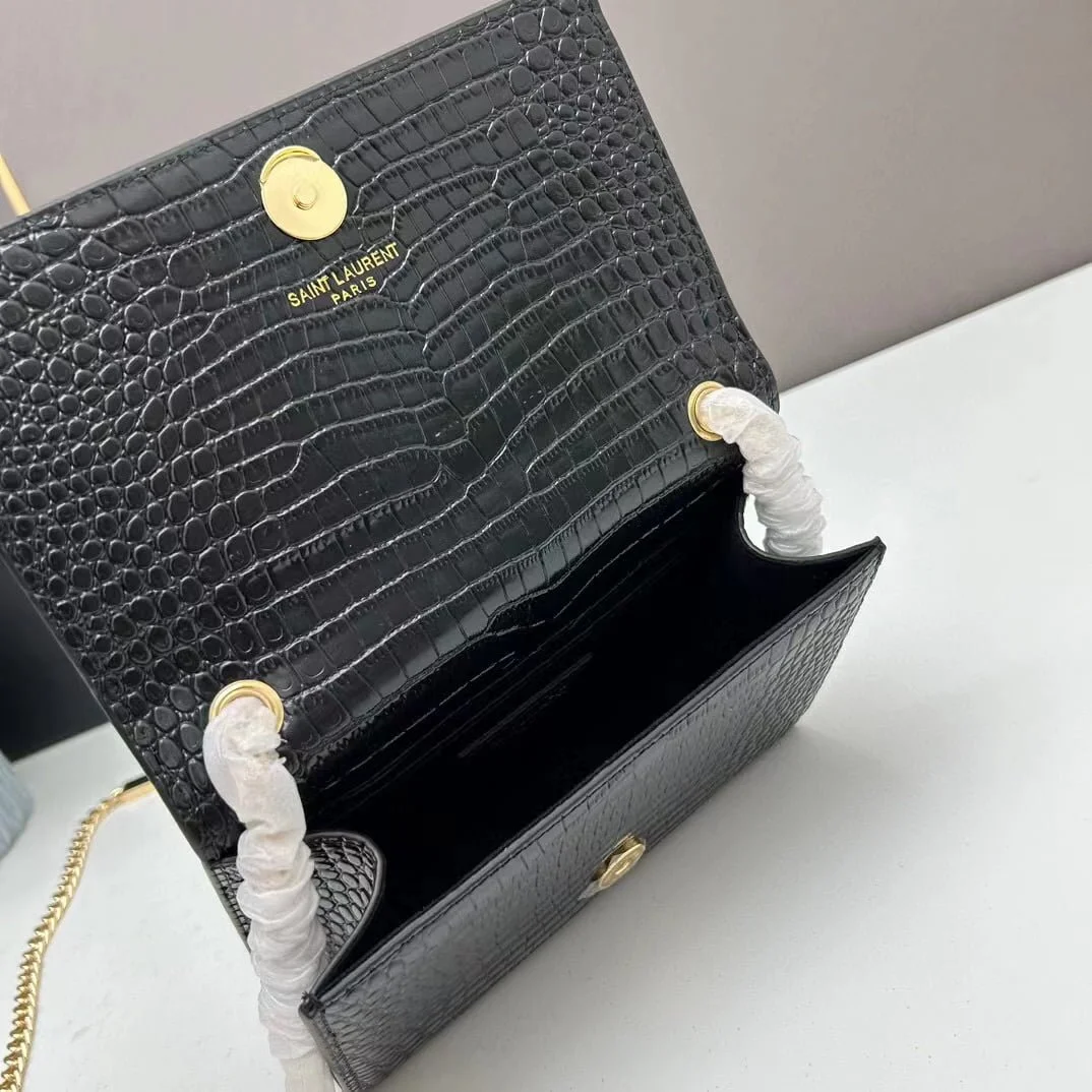 YSL Kat crocodile chain strap shoulder bag with gold hardware 7219 black size: 20*14*5cm/24*15*6cm - LITELUX