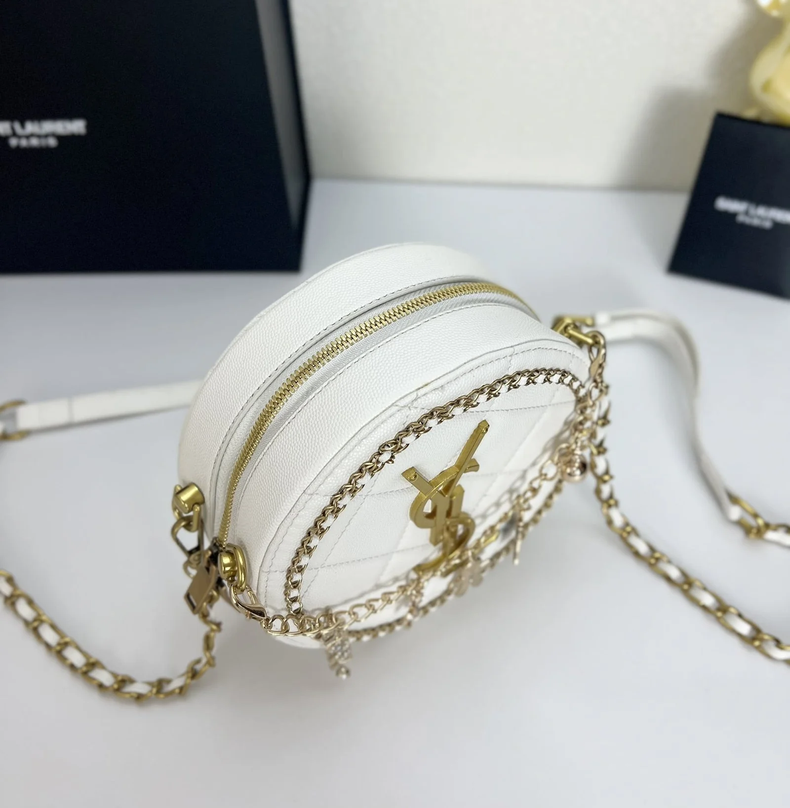 YSL round bun bag with chain strap white size: 17cm - LITELUX