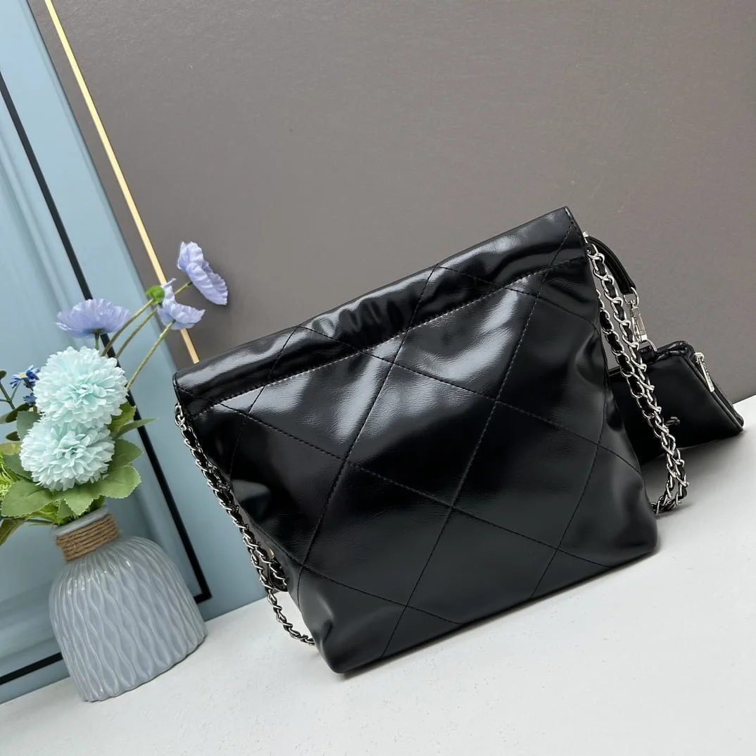 CHANEL Pearl garbage bag black with sliver hardware size: 23*28*22*7cm - LITELUX