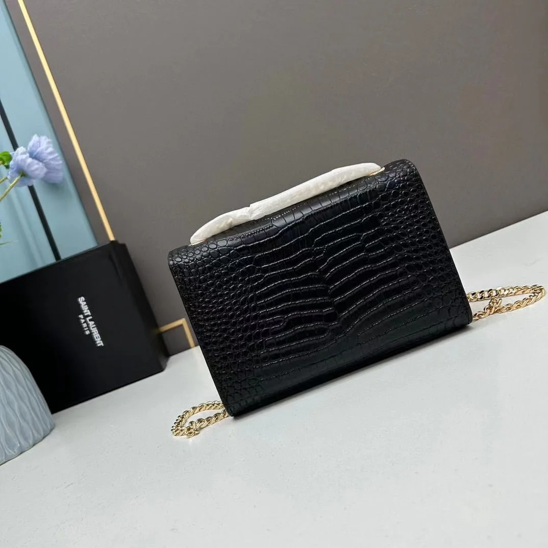 YSL Kat crocodile chain strap shoulder bag with gold hardware 7219 black size: 20*14*5cm/24*15*6cm - LITELUX