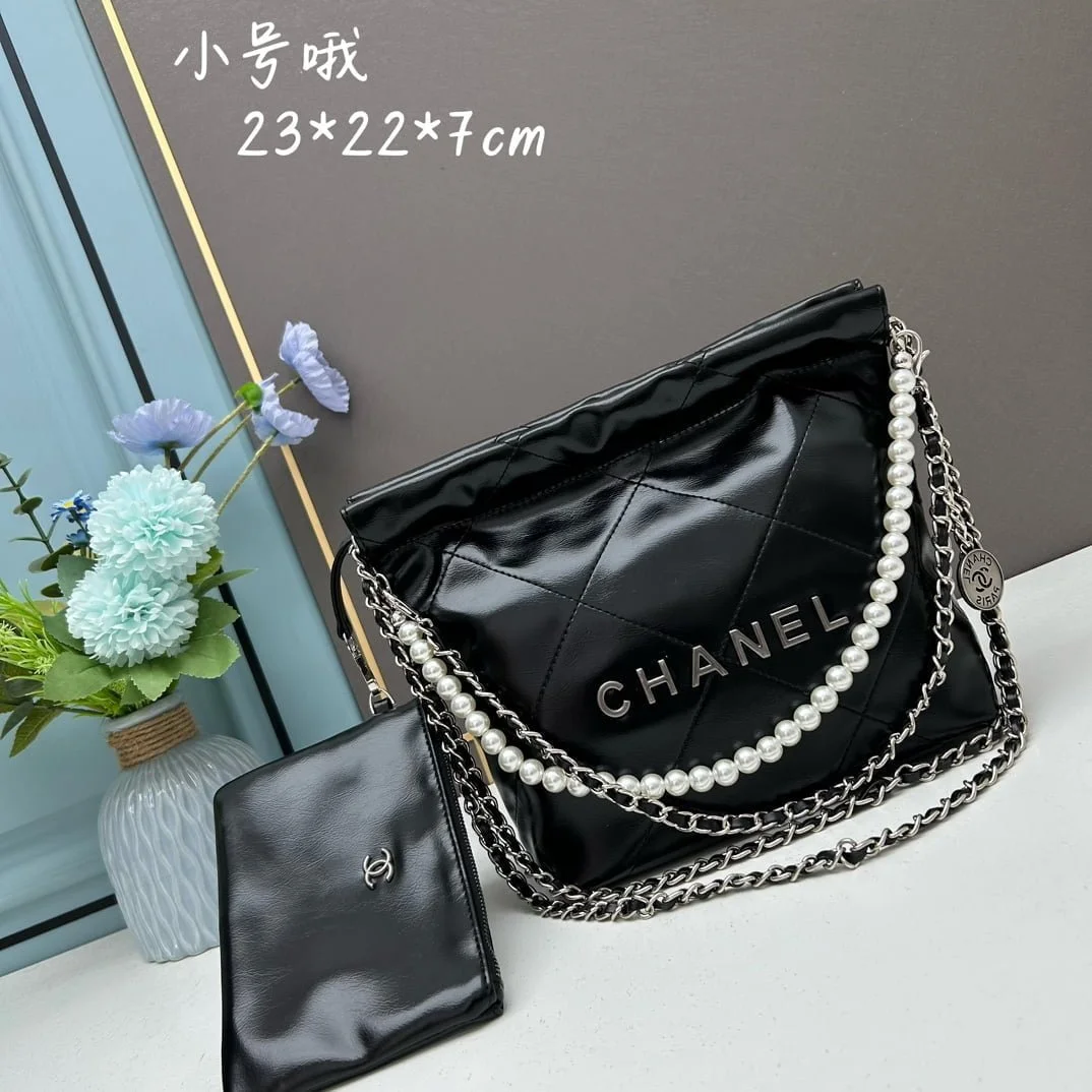 CHANEL Pearl garbage bag black with sliver hardware size: 23*28*22*7cm - LITELUX