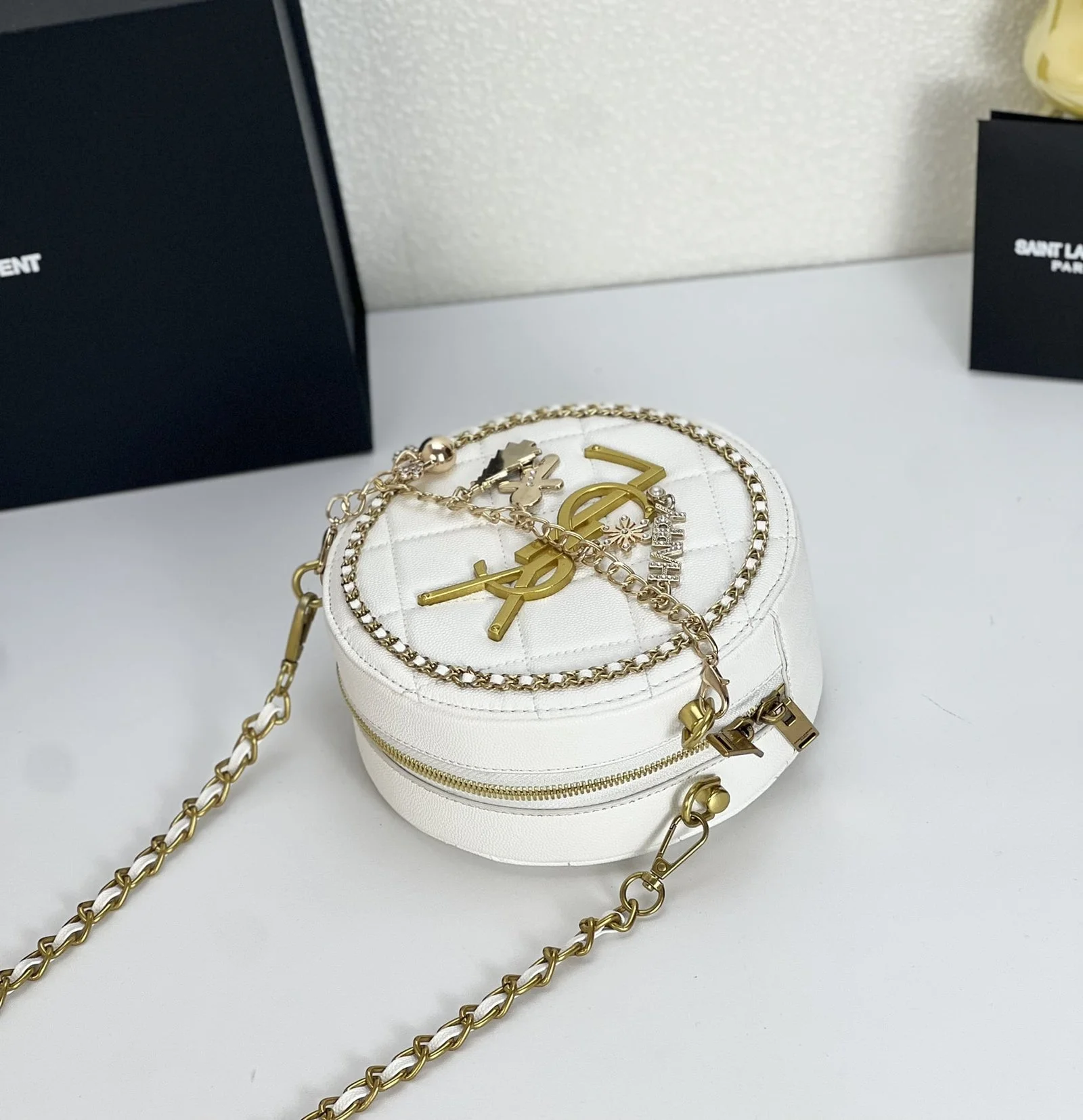 YSL round bun bag with chain strap white size: 17cm - LITELUX