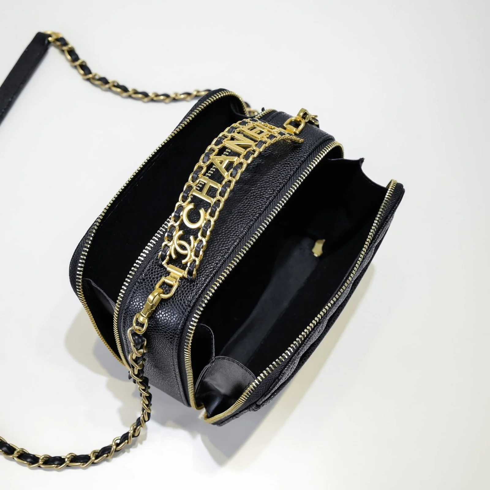 Chanel Caviar alphabet Camera chain crossbody black handle bag - LITELUX