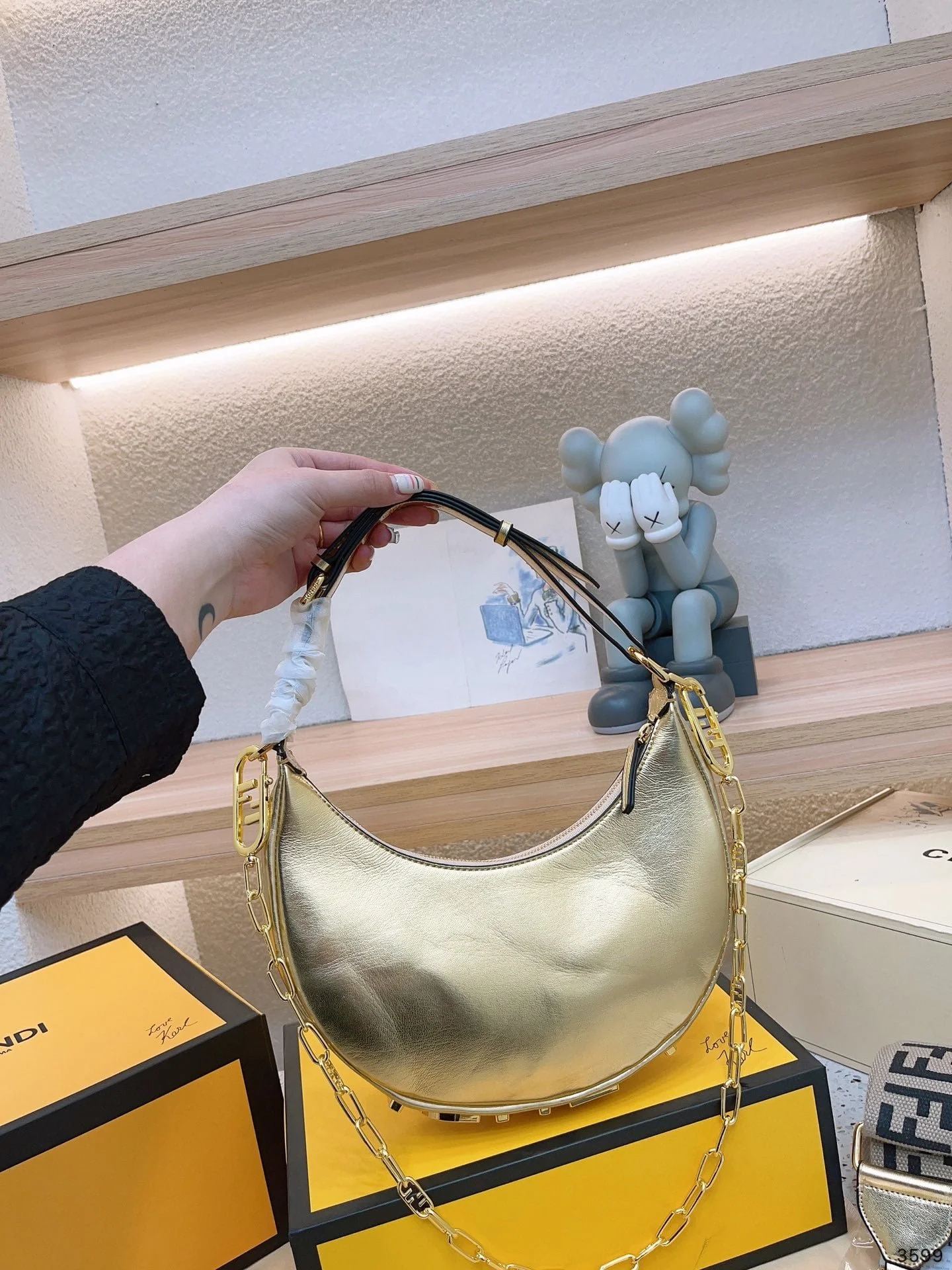 FENDI Patent leather half moon bag Sliver and gold with chain strap Size: 34*16cm - LITELUX