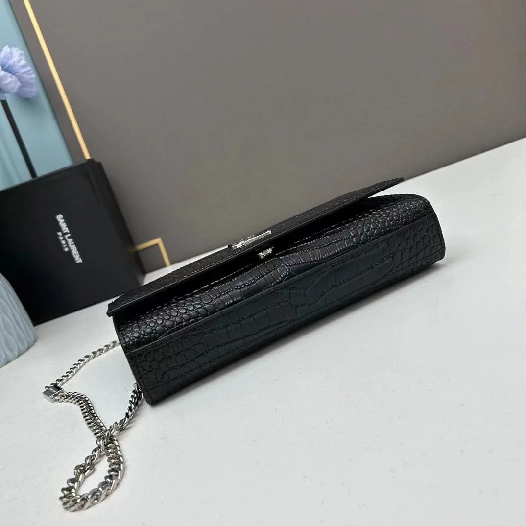 YSL Kat crocodile chain strap shoulder bag with sliver hardware 7219 black size: 20*14*5cm/24*15*6cm - LITELUX