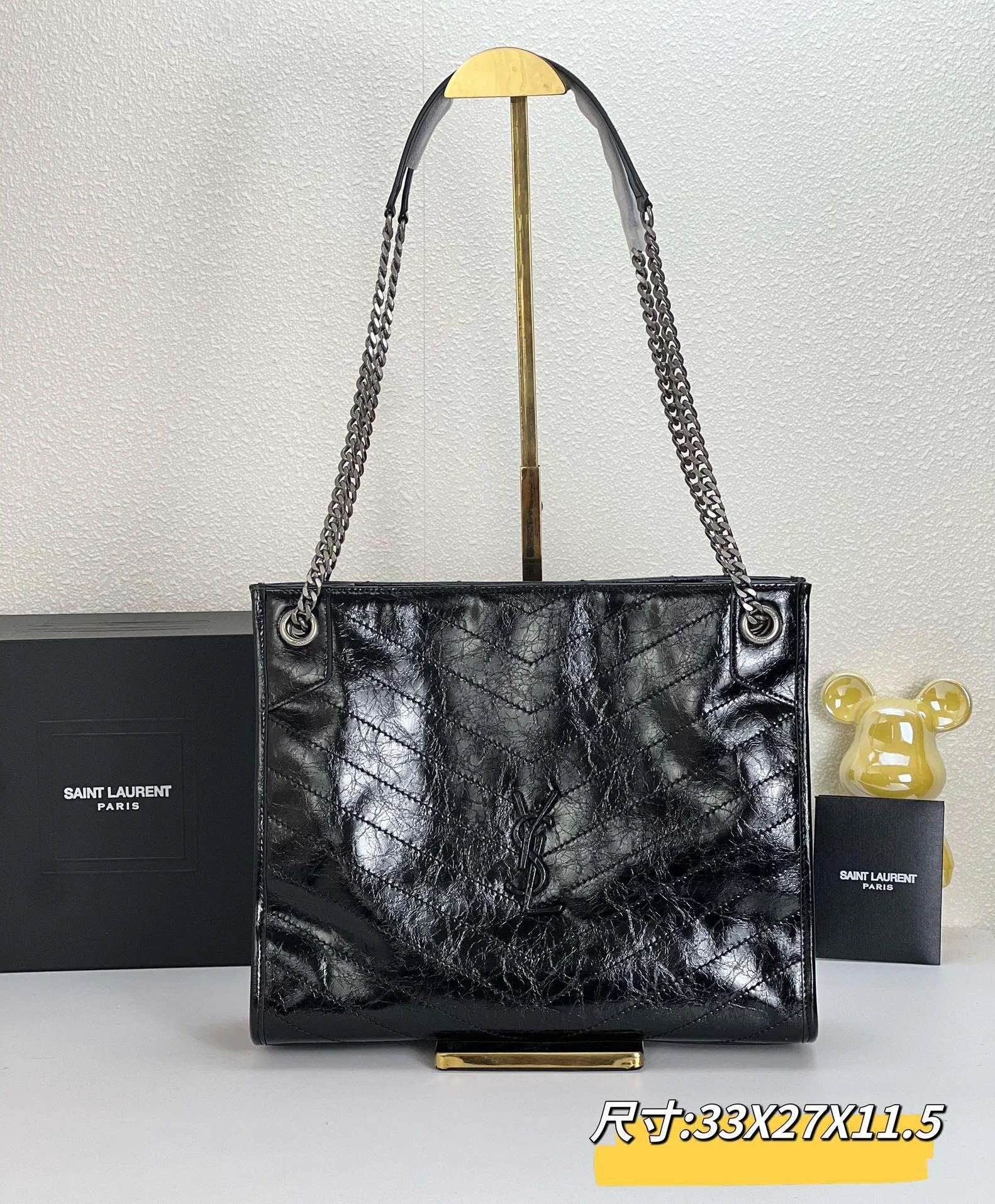 YSL NIKI Wrinkled retro oil wax skin Shoulder and backbody tote bag black 577999 size: 33*27*11.5 cm - LITELUX