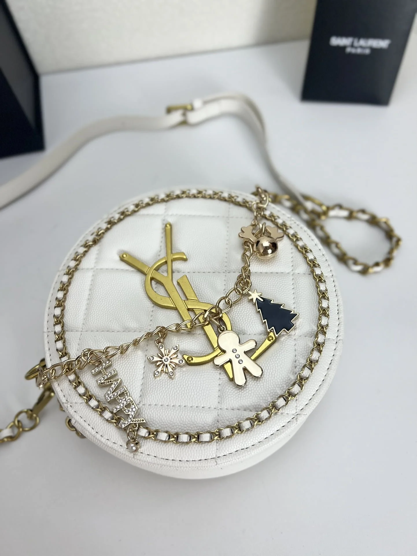 YSL round bun bag with chain strap white size: 17cm - LITELUX