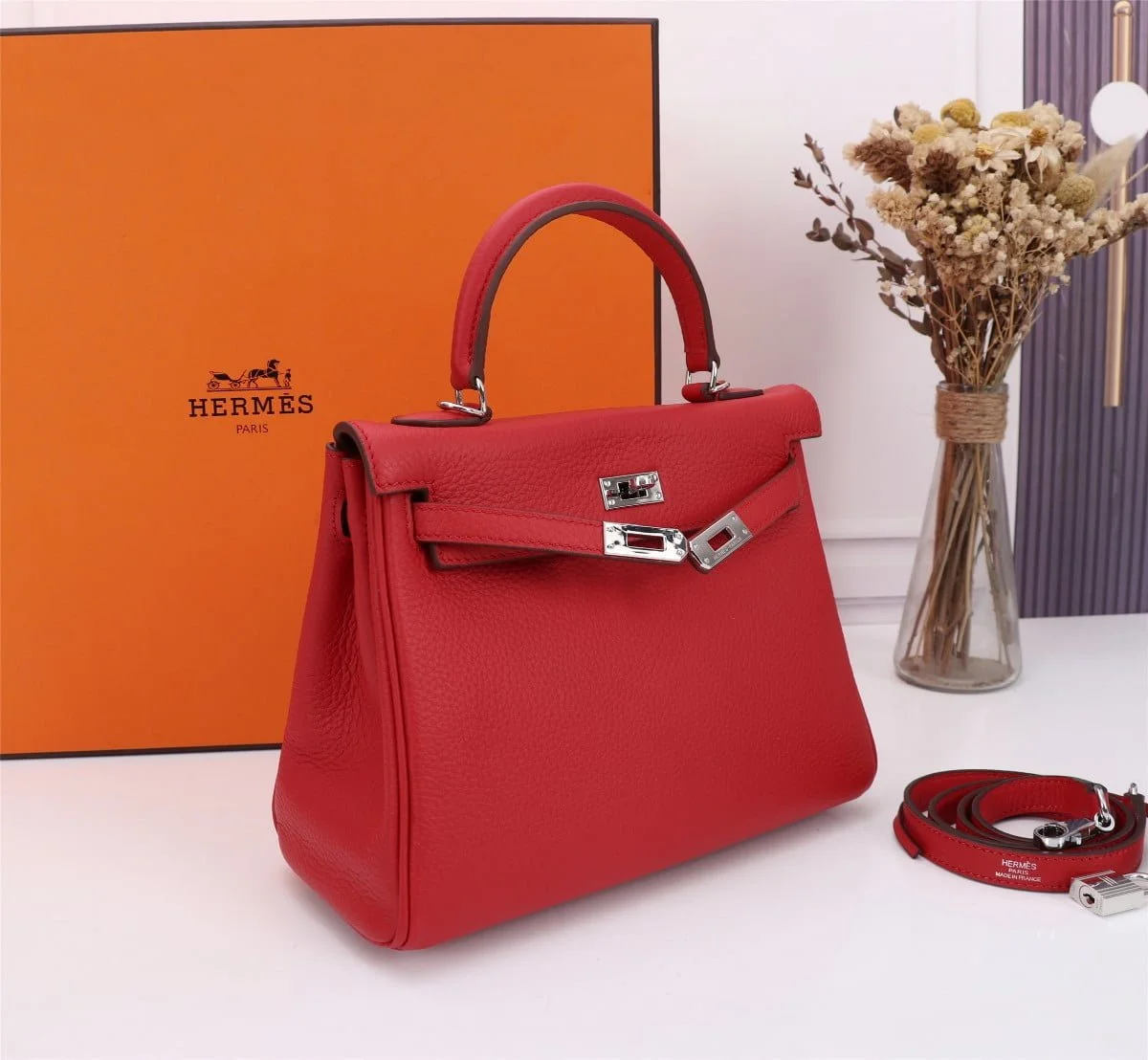 Hermès Kelly Togo Calf Sliver hardware Red size: 25Cm/ 28Cm - LITELUX