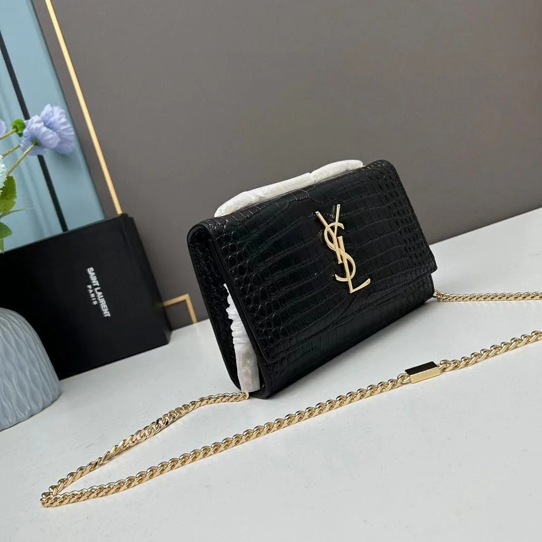 YSL Kat crocodile chain strap shoulder bag with gold hardware 7219 black size: 20*14*5cm/24*15*6cm - LITELUX