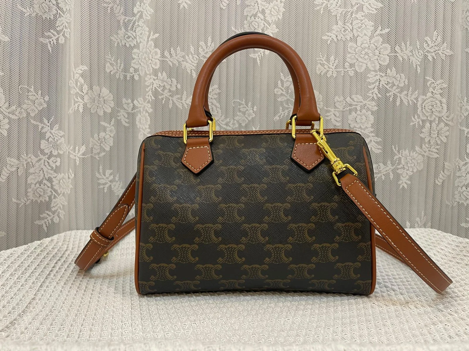 CELINE Leather Boston bag TRIOMPHE CANVAS yellowish-brown 3116 Size:19.5*14*7.5 cm - LITELUX