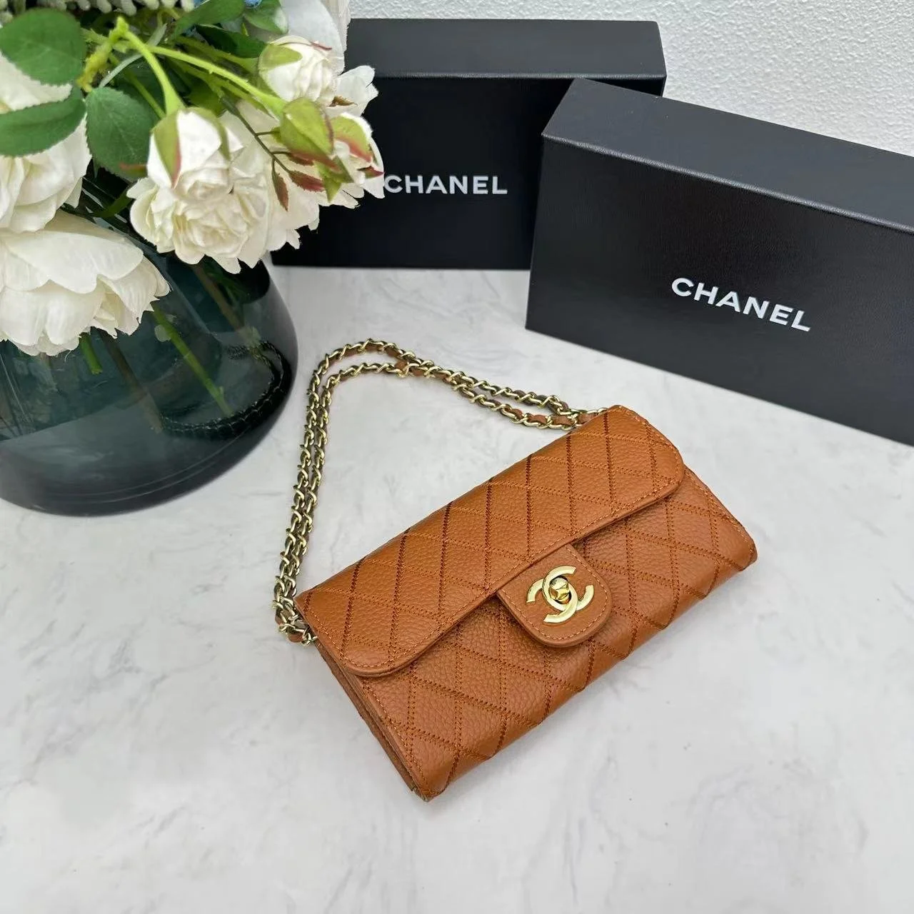 Chanel chain crossbody bag diamond and litchi cowhide Brown 50098 size: 19*10*3.5cm - LITELUX