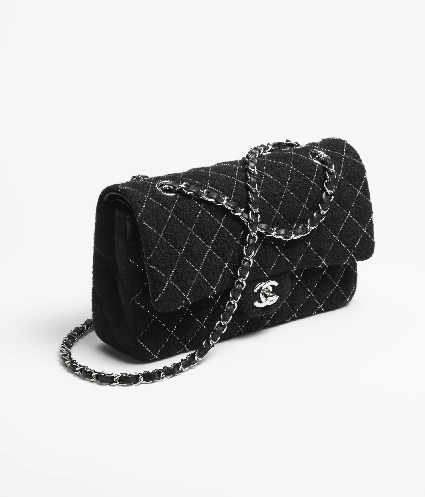 CHANEL / CLASSIC HANDBAG Wool Tweed & Silver-Tone Metal Black - LITELUX