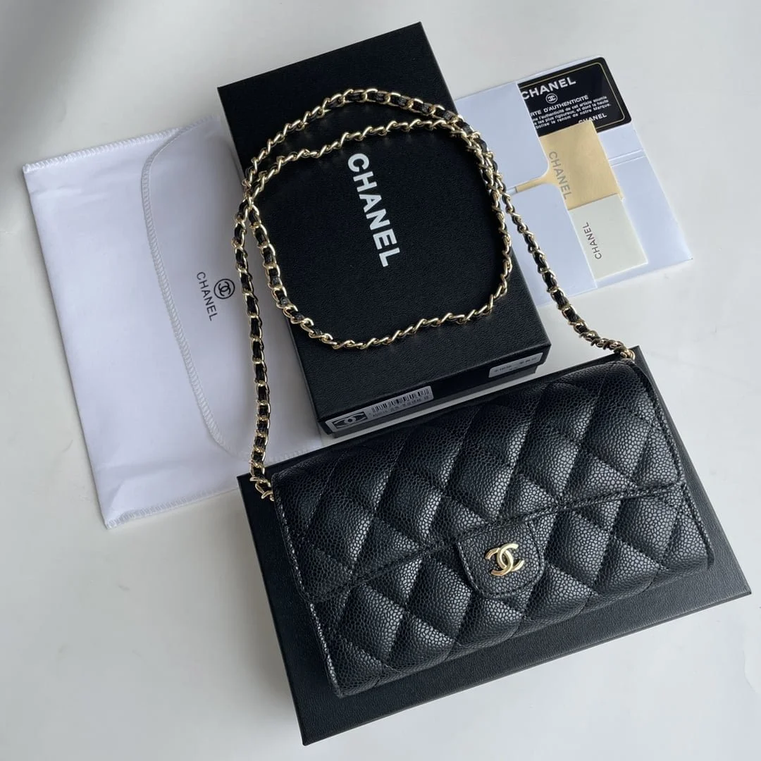 Chanel chain crossbody bag Cowhide with diamond lattice caviar gold hardware black A50076 size: 18*10.5*3.5cm - LITELUX