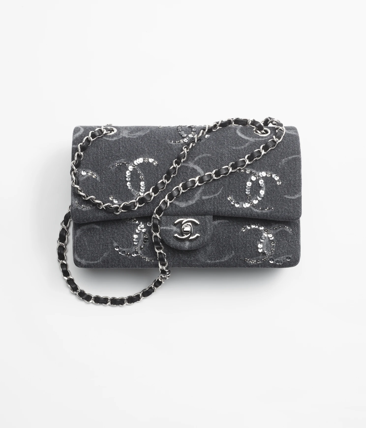 CHANEL / CLASSIC HANDBAG Embroidered Denim, Sequins & Silver-Tone Metal Black - LITELUX