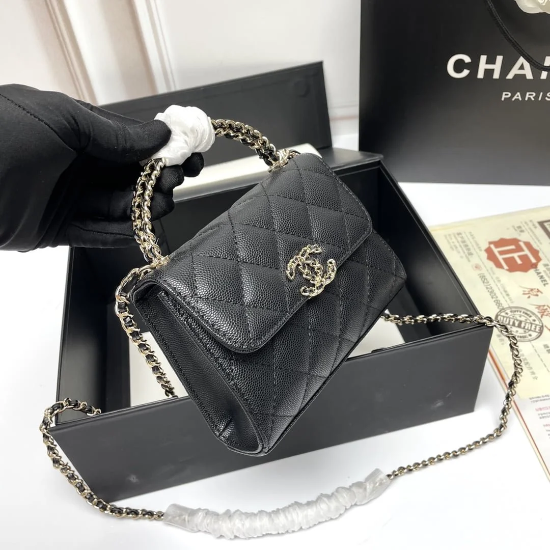 Chanel Black Horse Kelly Lichee cowhide long handle bag 9100 black size:19*10*4.5cm - LITELUX