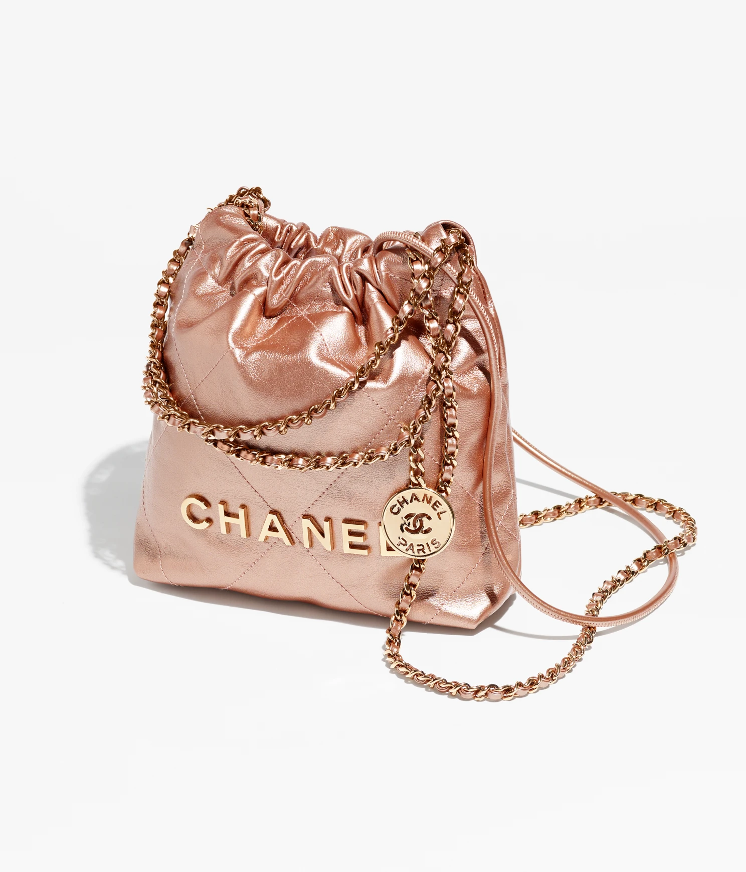 CHANEL / CHANEL 22 MINI HANDBAG Metallic Calfskin & Pink Gold-Tone Metal Copper Metallic Calfskin & Pink Gold-Tone Metal Copper - LITELUX