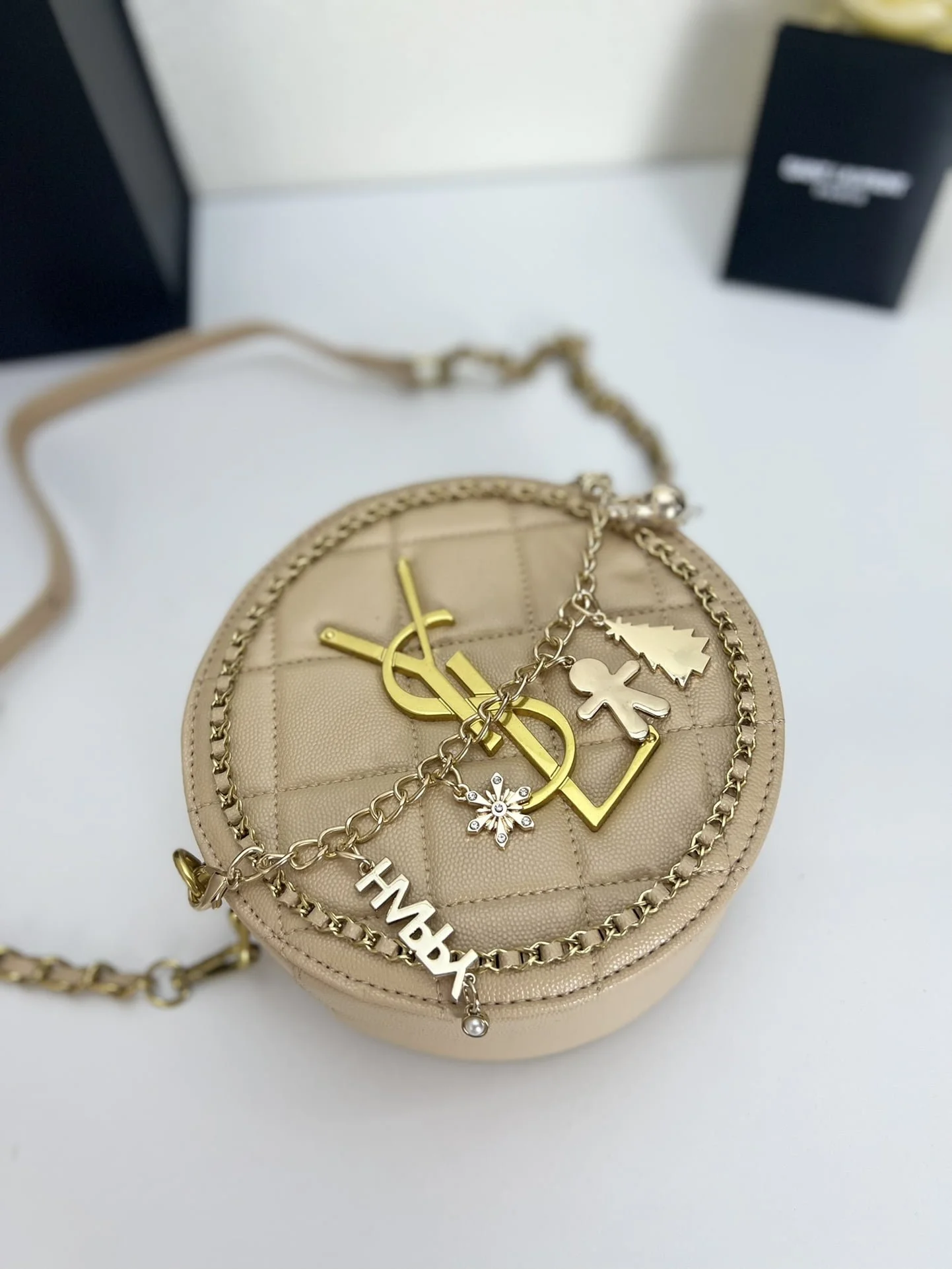 YSL round bun bag with chain strap apricot size: 17cm - LITELUX