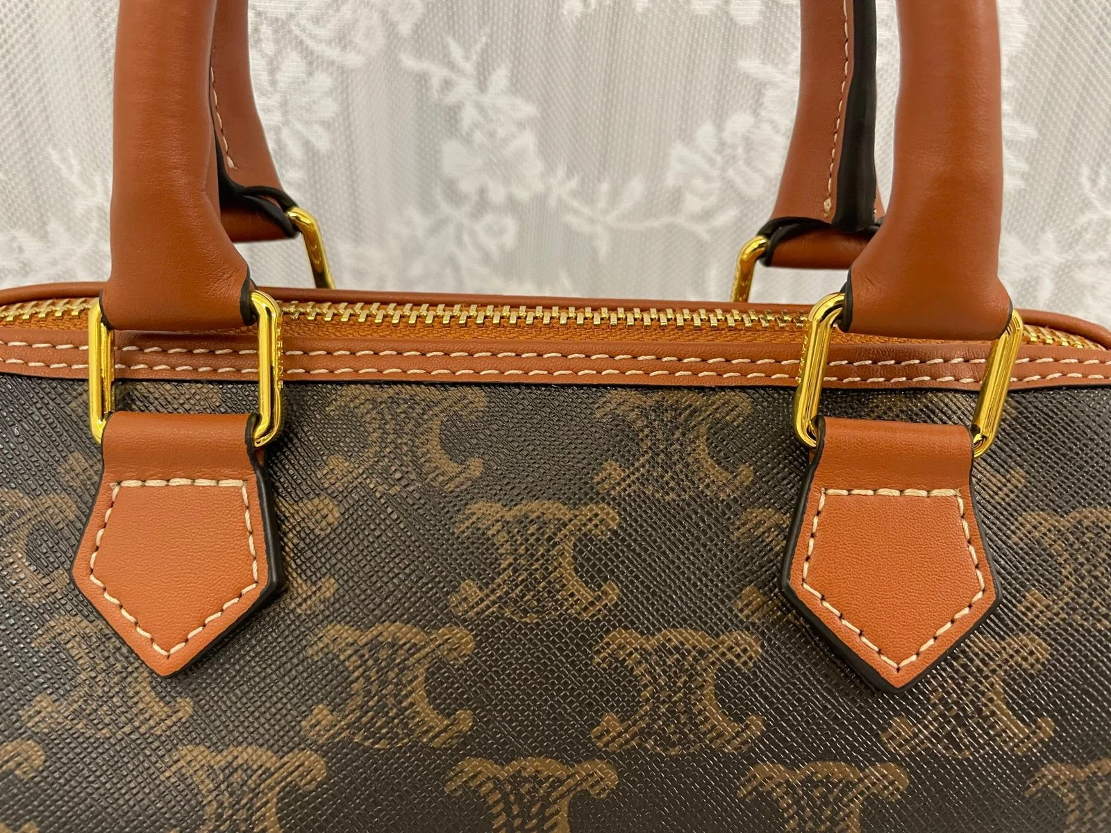 CELINE Leather Boston bag TRIOMPHE CANVAS yellowish-brown 3116 Size:19.5*14*7.5 cm - LITELUX
