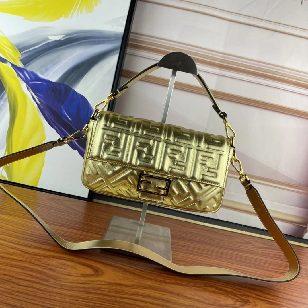 FENDI BAGUETTE Embossed design Gold Handbag F0191 Size: 26x5x15cm - LITELUX