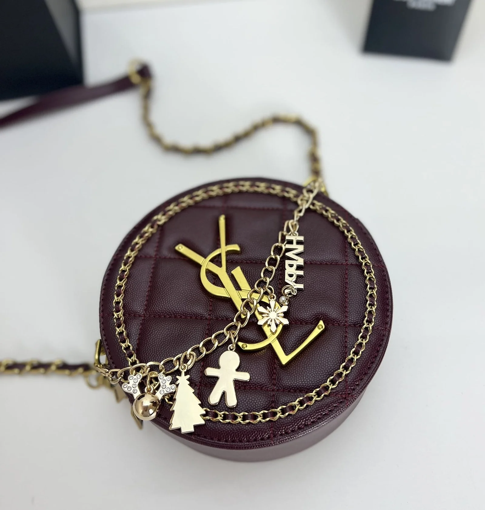 YSL round bun bag with chain strap Wine red size: 17cm - LITELUX