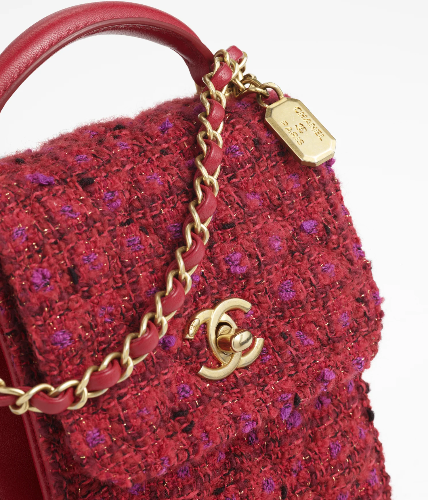 CHANEL / MINI FLAP BAG WITH TOP HANDLE Wool Tweed, Lambski & Gold-Tone Metal Red, Purple & Black Ref.  AS4285 B13746 N7491 - LITELUX
